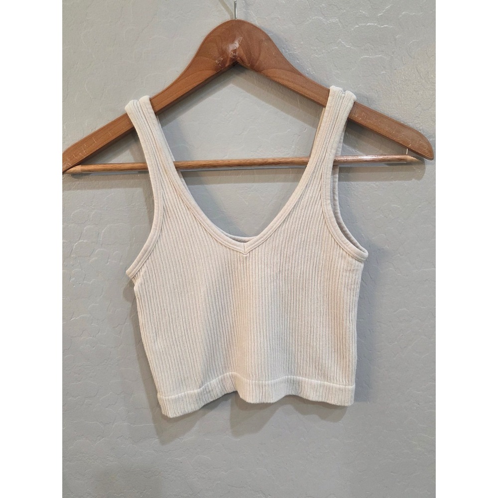 Out From Under Urban Outfitters Ribbed V-Neck Cropped Tank Top Cream Medium